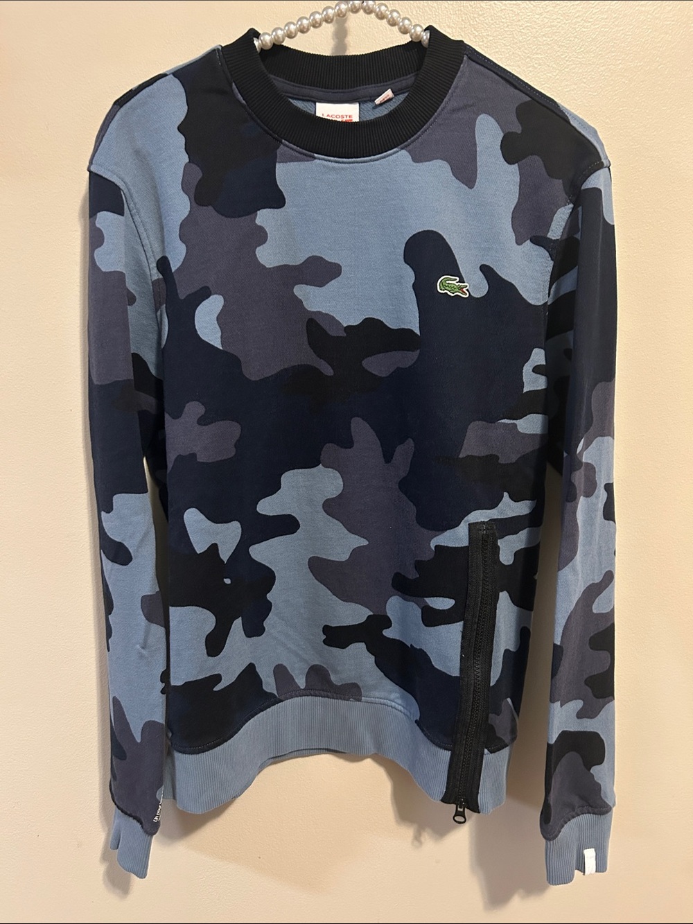 Lacoste Live Men's Blue Camouflage Crewneck Sweatshirt Size M Side Zip